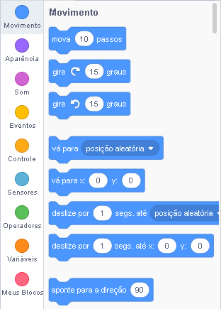 Interface de movimento do Scratch