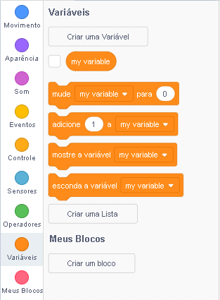 Interface de criação de variáveis no Scratch