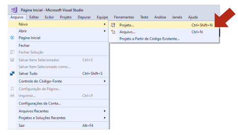 Página inicial do Microsoft Visual Studio