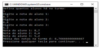 Execução do programa de cálculo de média