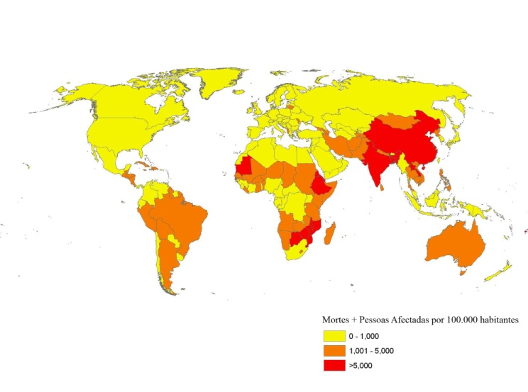 Mapa de mortes e pessoas afetadas por desastres naturais 1974-2003